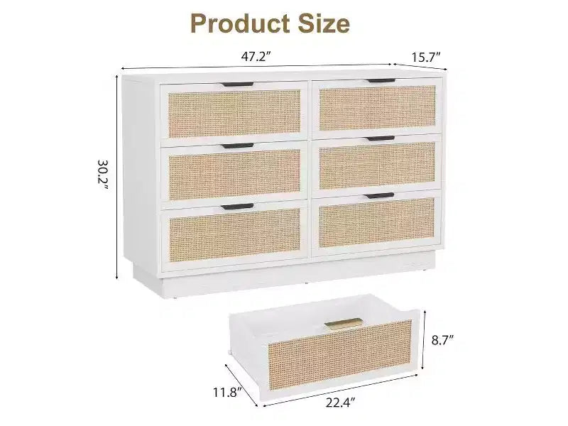 Rattan 6-Drawer Dresser, 47in Wide Chest of Drawers with Metal Handles & Sturdy Wooden Base for Bedroom, Living Room, Nursery, Closet
