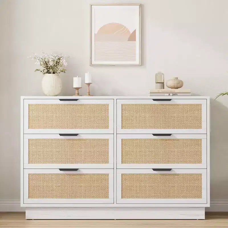 Rattan 6-Drawer Dresser, 47in Wide Chest of Drawers with Metal Handles & Sturdy Wooden Base for Bedroom, Living Room, Nursery, Closet