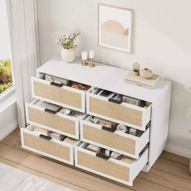 Rattan 6-Drawer Dresser, 47in Wide Chest of Drawers with Metal Handles & Sturdy Wooden Base for Bedroom, Living Room, Nursery, Closet
