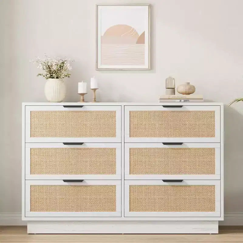 Rattan 6-Drawer Dresser, 47in Wide Chest of Drawers with Metal Handles & Sturdy Wooden Base for Bedroom, Living Room, Nursery, Closet