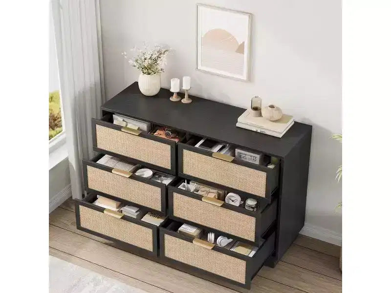Rattan 6-Drawer Dresser, 47in Wide Chest of Drawers with Metal Handles & Sturdy Wooden Base for Bedroom, Living Room, Nursery, Closet