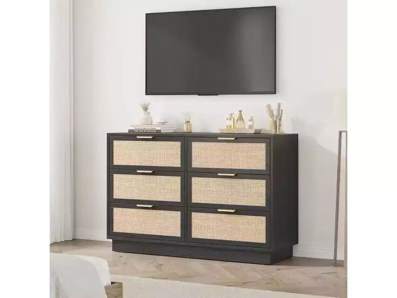 Rattan 6-Drawer Dresser, 47in Wide Chest of Drawers with Metal Handles & Sturdy Wooden Base for Bedroom, Living Room, Nursery, Closet