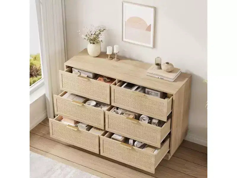 Rattan 6-Drawer Dresser, 47in Wide Chest of Drawers with Metal Handles & Sturdy Wooden Base for Bedroom, Living Room, Nursery, Closet