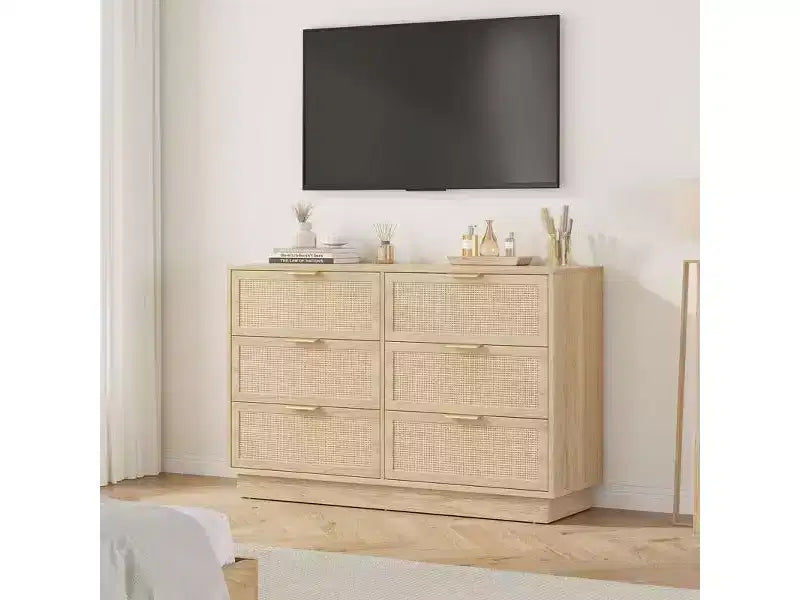 Rattan 6-Drawer Dresser, 47in Wide Chest of Drawers with Metal Handles & Sturdy Wooden Base for Bedroom, Living Room, Nursery, Closet