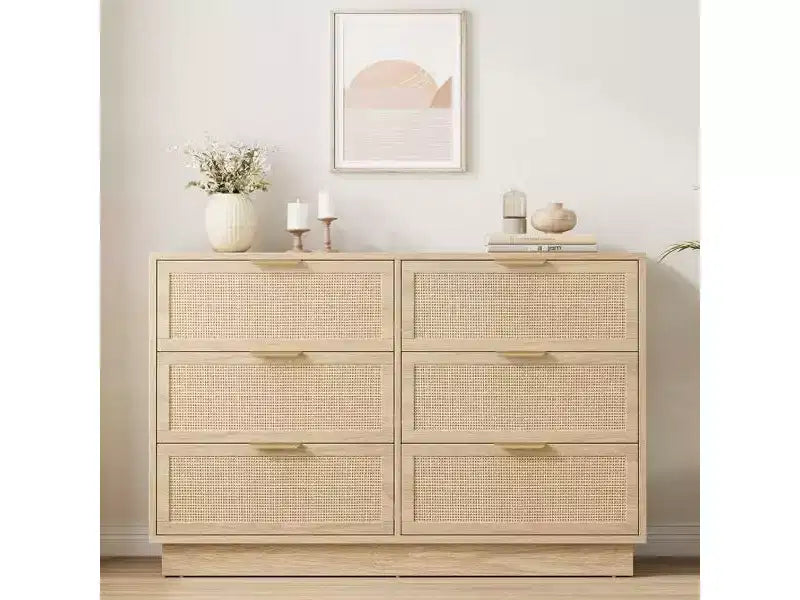 Rattan 6-Drawer Dresser, 47in Wide Chest of Drawers with Metal Handles & Sturdy Wooden Base for Bedroom, Living Room, Nursery, Closet