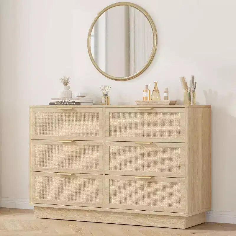 Rattan 6-Drawer Dresser, 47in Wide Chest of Drawers with Metal Handles & Sturdy Wooden Base for Bedroom, Living Room, Nursery, Closet