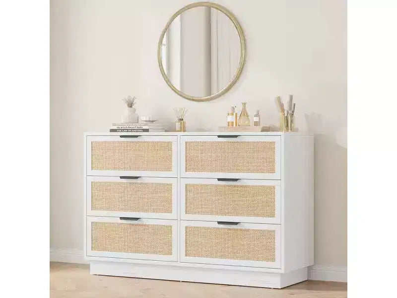 Rattan 6-Drawer Dresser, 47in Wide Chest of Drawers with Metal Handles & Sturdy Wooden Base for Bedroom, Living Room, Nursery, Closet