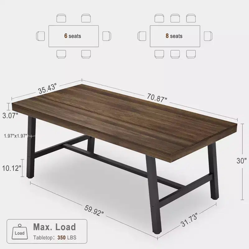 71 Industrial Dining Table for 6-8 People, Large Rectangular Wooden Kitchen Table with Sturdy Metal Frame for Dining Room