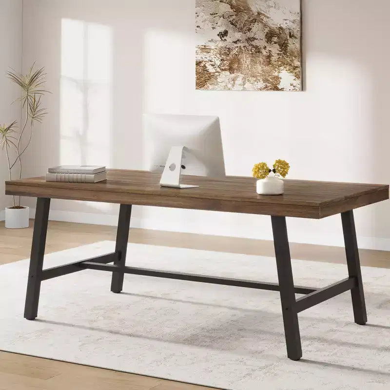 71 Industrial Dining Table for 6-8 People, Large Rectangular Wooden Kitchen Table with Sturdy Metal Frame for Dining Room