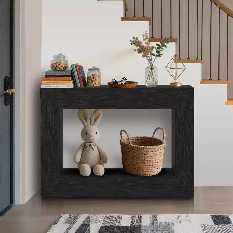 Tavolo consolle rustico da 47 per l’ingresso, tavolino in legno da accostare al divano con contenitore, finitura in noce nero