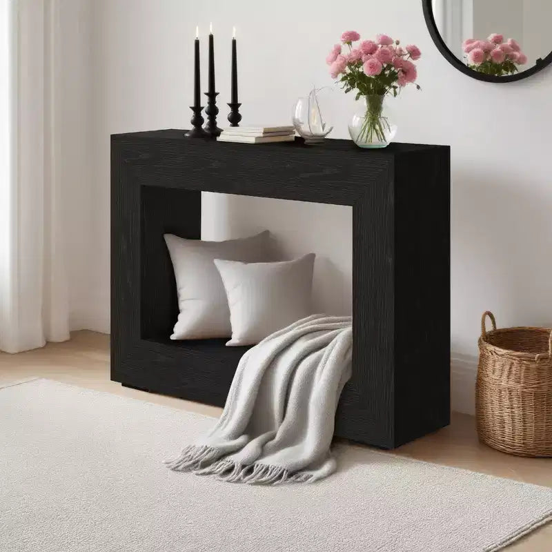 Tavolo consolle rustico da 47 per l’ingresso, tavolino in legno da accostare al divano con contenitore, finitura in noce nero