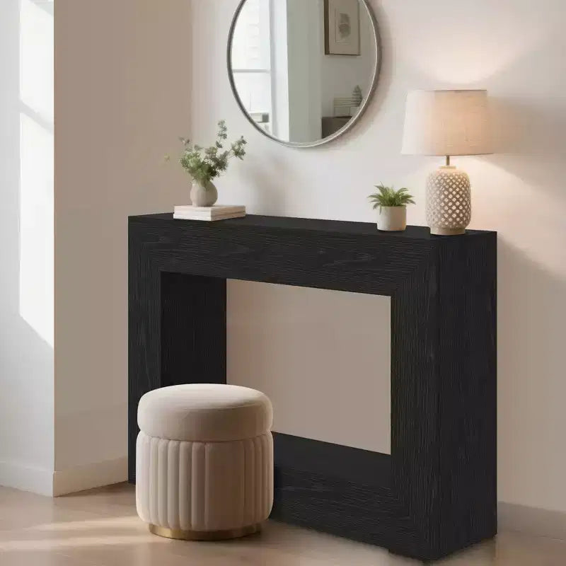 Tavolo consolle rustico da 47 per l’ingresso, tavolino in legno da accostare al divano con contenitore, finitura in noce nero