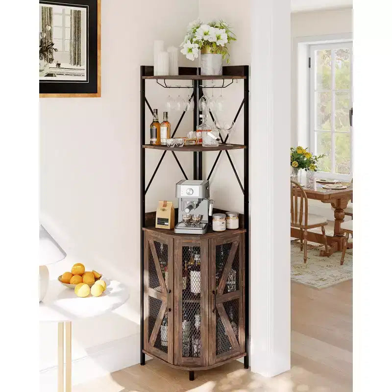 4-Tier Corner Wine Rack with Industrial Frame - Foldable Bar Storage for Small Spaces & Apartments