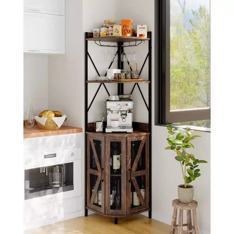 4-Tier Corner Wine Rack with Industrial Frame - Foldable Bar Storage for Small Spaces & Apartments
