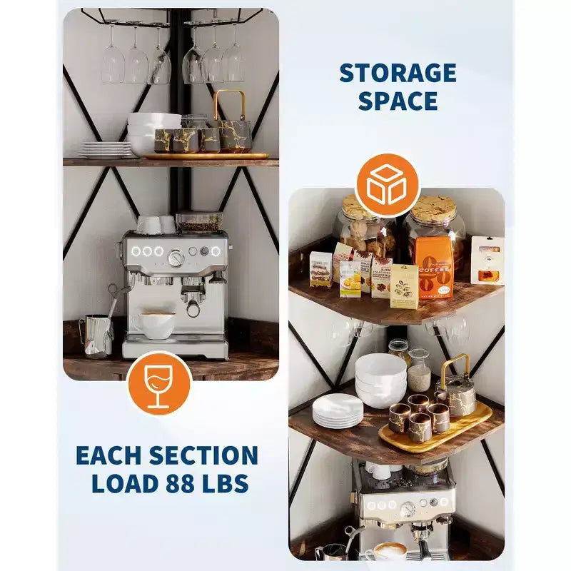 4-Tier Corner Wine Rack with Industrial Frame - Foldable Bar Storage for Small Spaces & Apartments