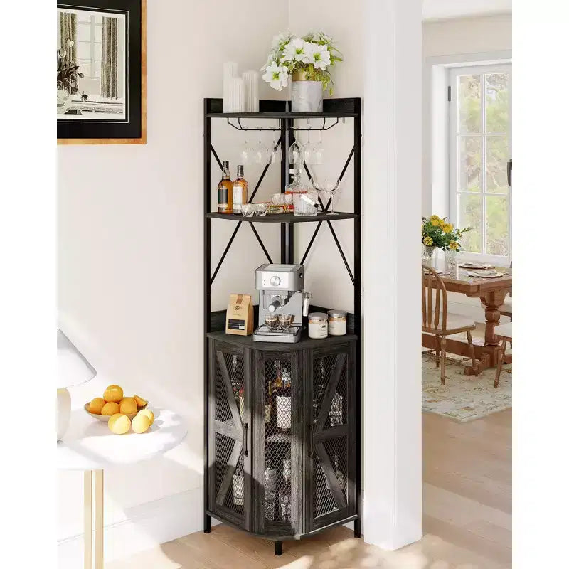 4-Tier Corner Wine Rack with Industrial Frame - Foldable Bar Storage for Small Spaces & Apartments