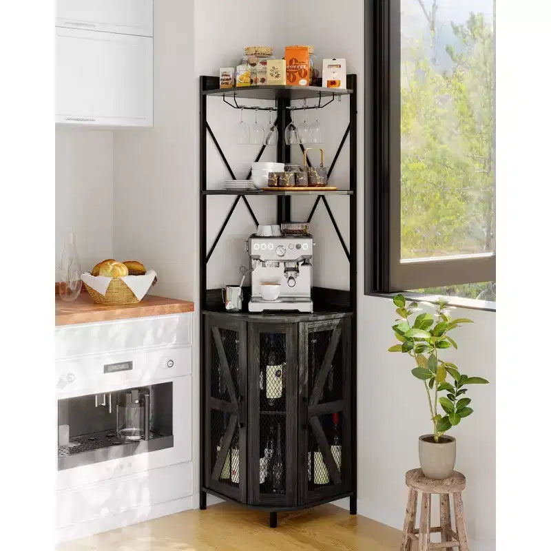 4-Tier Corner Wine Rack with Industrial Frame - Foldable Bar Storage for Small Spaces & Apartments