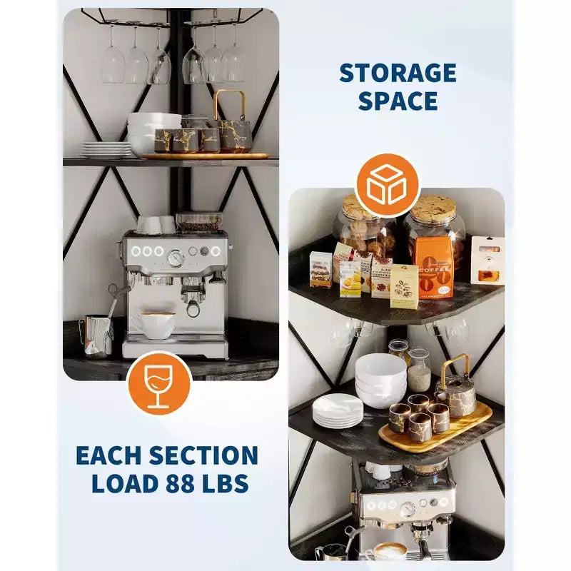 4-Tier Corner Wine Rack with Industrial Frame - Foldable Bar Storage for Small Spaces & Apartments