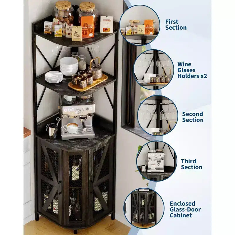 4-Tier Corner Wine Rack with Industrial Frame - Foldable Bar Storage for Small Spaces & Apartments