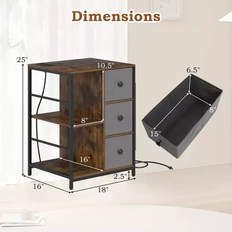 Nightstand 3-Tier Storage End Table Bedside Table with Charging Station & Shelf