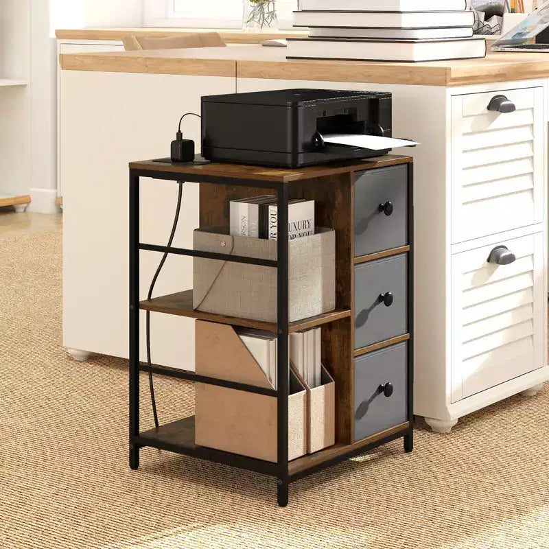 Nightstand 3-Tier Storage End Table Bedside Table with Charging Station & Shelf