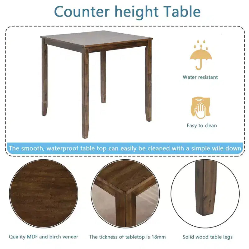 Wooden Square Counter Height Dining Table, Walnut Kitchen Table for Small Space Only The Table