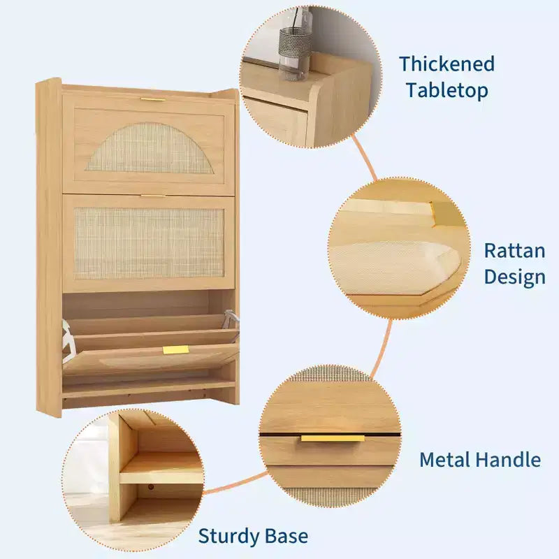Shoe Cabinet, Entryway Cabinet Natural Rattan 3-Flip Drawer Narrow Wooden Organizer for Hallway/Apartment