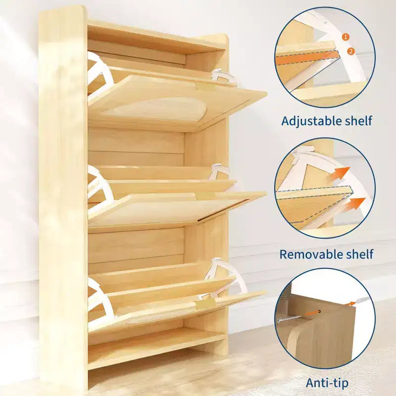 Shoe Cabinet, Entryway Cabinet Natural Rattan 3-Flip Drawer Narrow Wooden Organizer for Hallway/Apartment