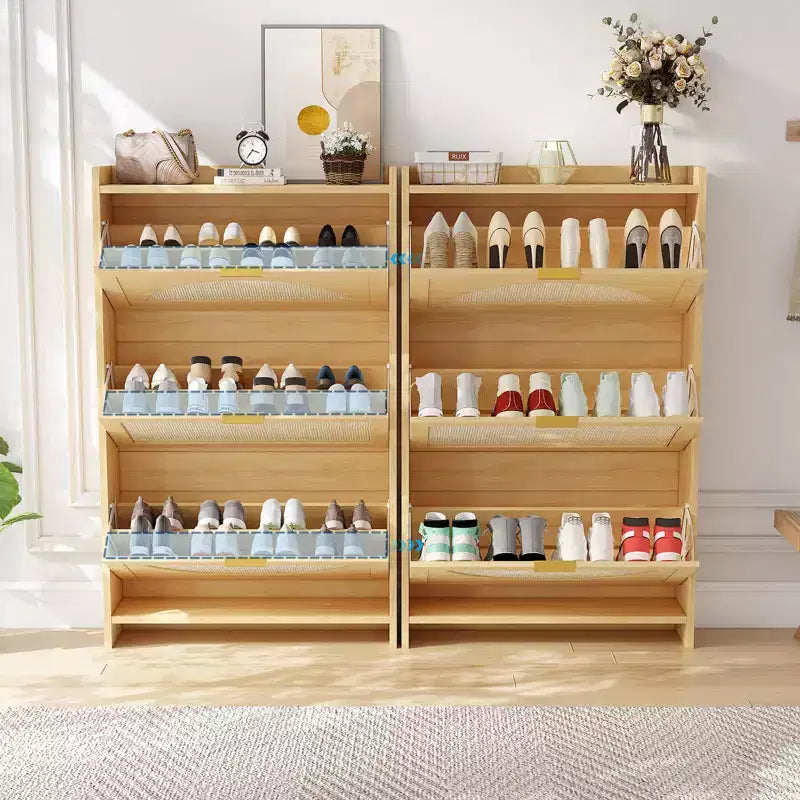 Szafka na buty do przedpokoju z naturalnego rattanu, wąski drewniany organizer z 3 uchylnymi szufladami, do korytarza/mieszkania