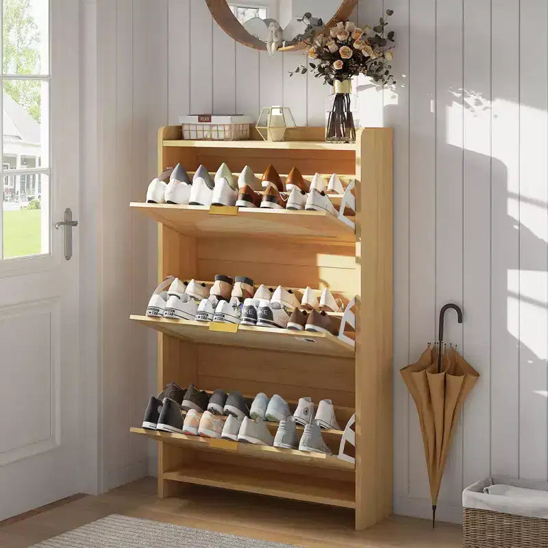 Shoe Cabinet, Entryway Cabinet Natural Rattan 3-Flip Drawer Narrow Wooden Organizer for Hallway/Apartment