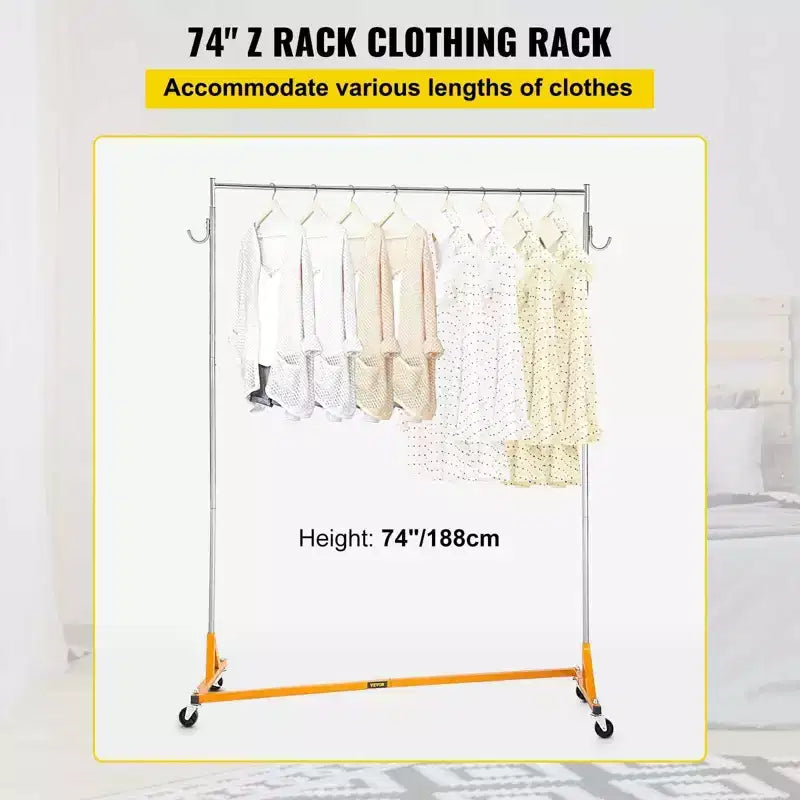 Industrial Z Garment Rack - Steel Frame, Height Adjustable, Lockable Casters, Orange (3 Sets)