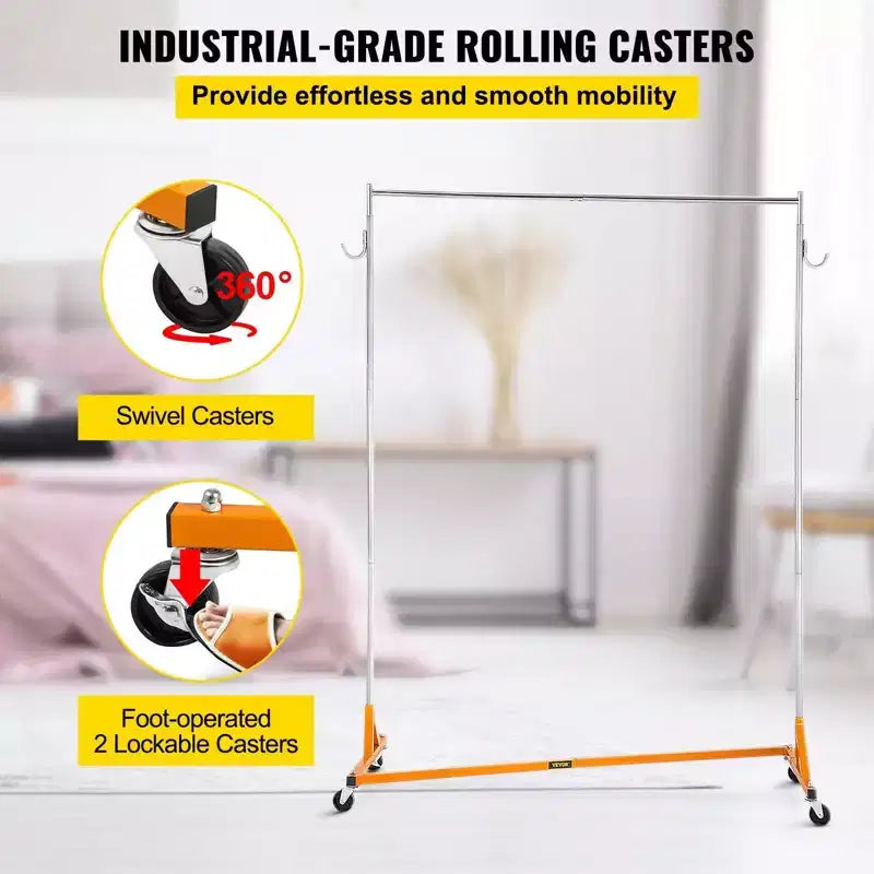 Industrial Z Garment Rack - Steel Frame, Height Adjustable, Lockable Casters, Orange (3 Sets)