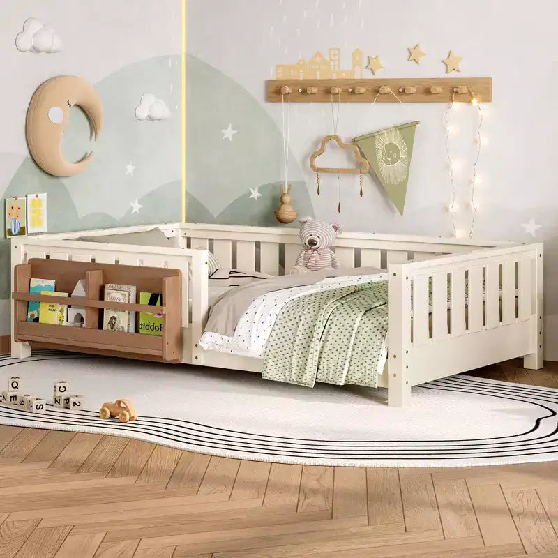 Twin bed with built-in bookshelf and high-quality safety guardrail