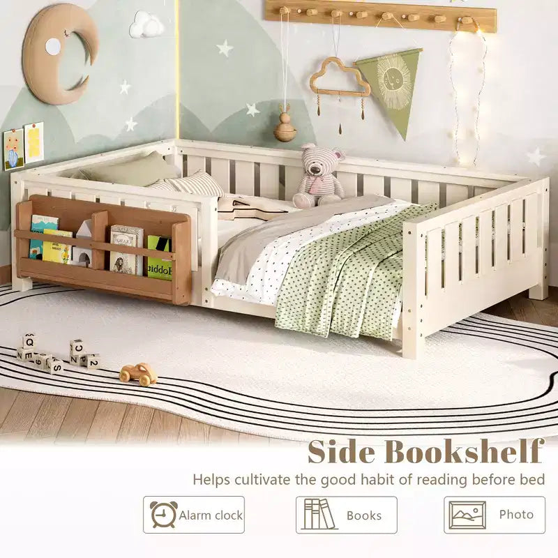Twin bed with built-in bookshelf and high-quality safety guardrail