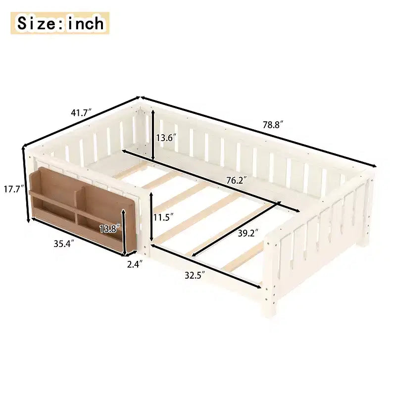 Twin bed with built-in bookshelf and high-quality safety guardrail