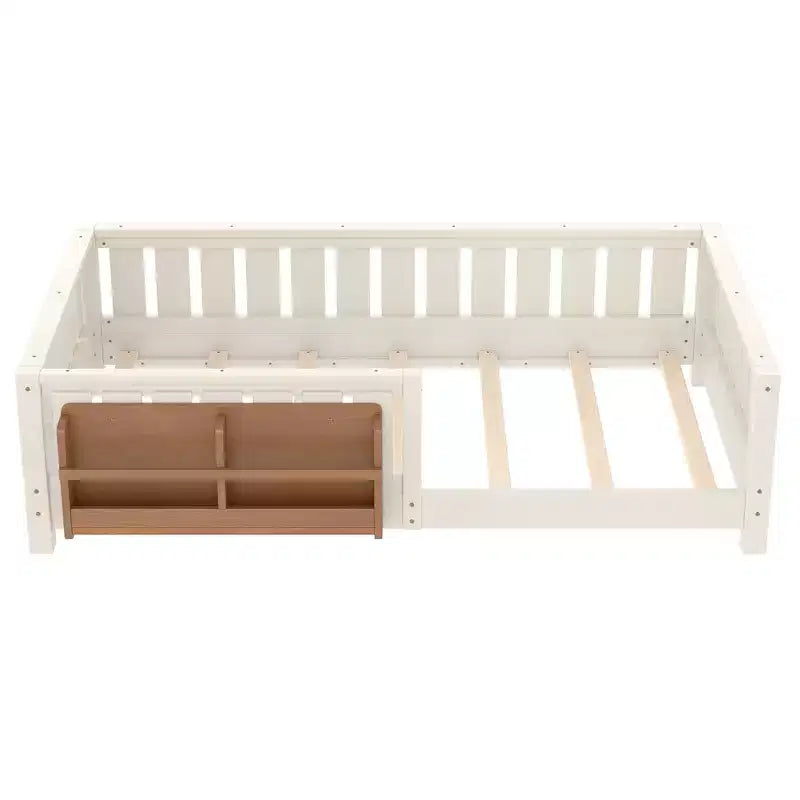 Twin bed with built-in bookshelf and high-quality safety guardrail