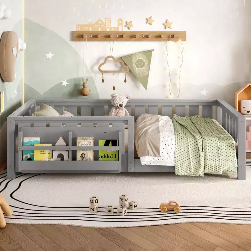 Twin bed with built-in bookshelf and high-quality safety guardrail
