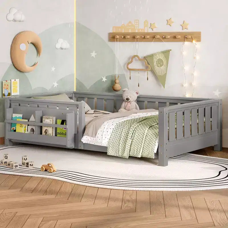 Twin bed with built-in bookshelf and high-quality safety guardrail