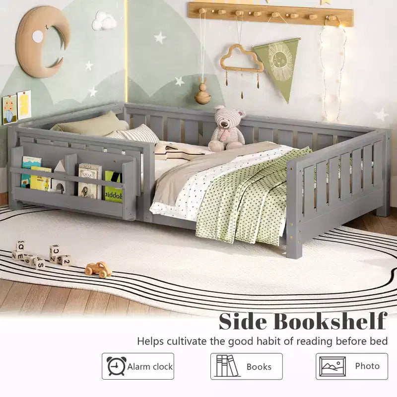 Twin bed with built-in bookshelf and high-quality safety guardrail