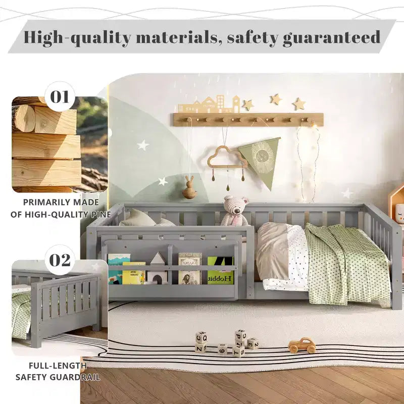Twin bed with built-in bookshelf and high-quality safety guardrail