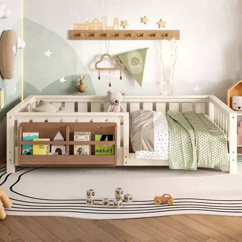 Twin bed with built-in bookshelf and high-quality safety guardrail