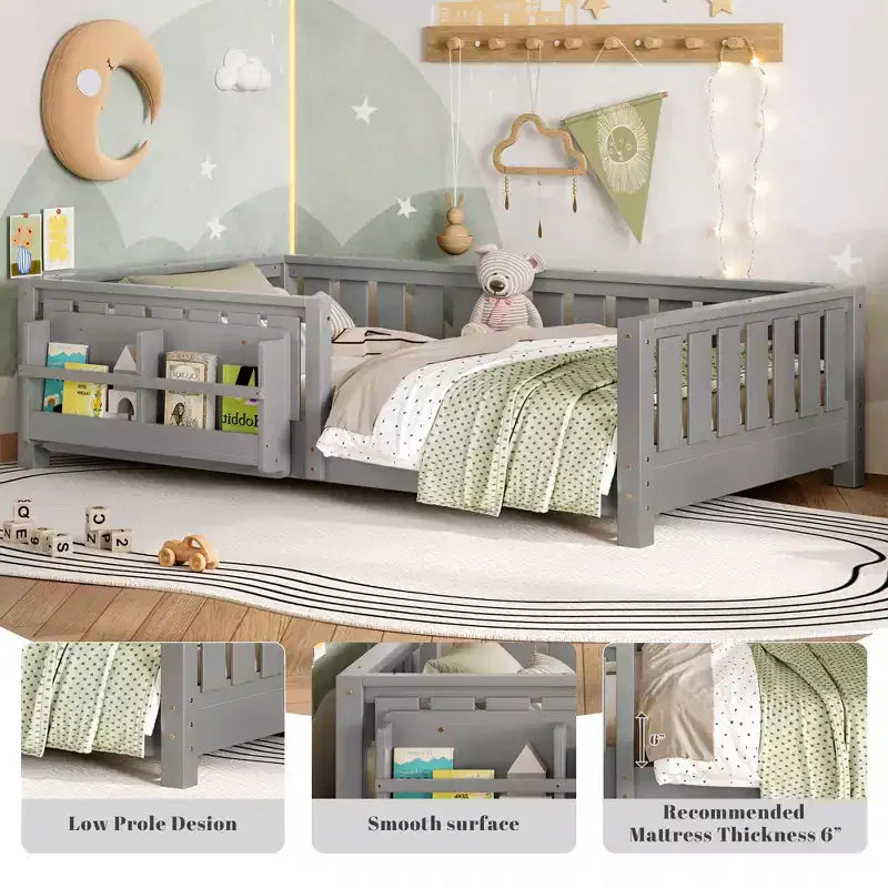 Twin bed with built-in bookshelf and high-quality safety guardrail