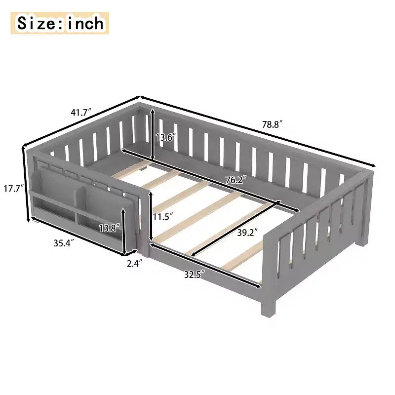 Twin bed with built-in bookshelf and high-quality safety guardrail