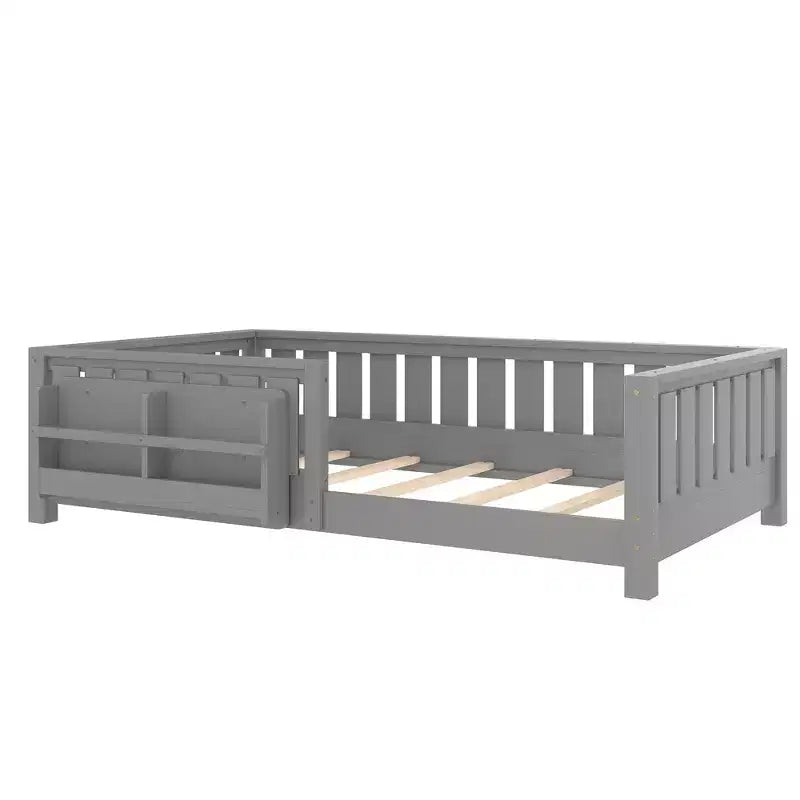Twin bed with built-in bookshelf and high-quality safety guardrail
