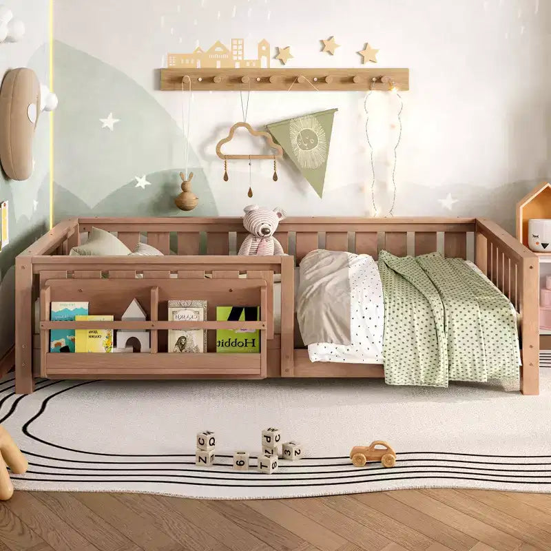Twin bed with built-in bookshelf and high-quality safety guardrail