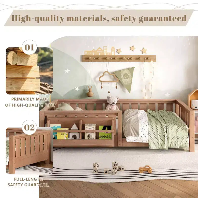 Twin bed with built-in bookshelf and high-quality safety guardrail