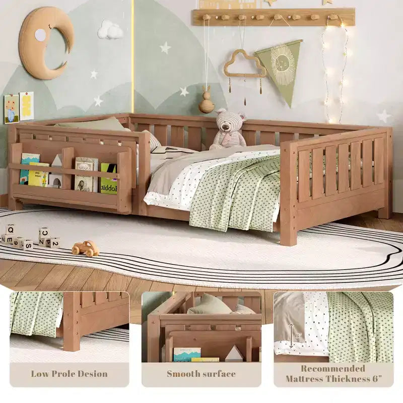 Twin bed with built-in bookshelf and high-quality safety guardrail