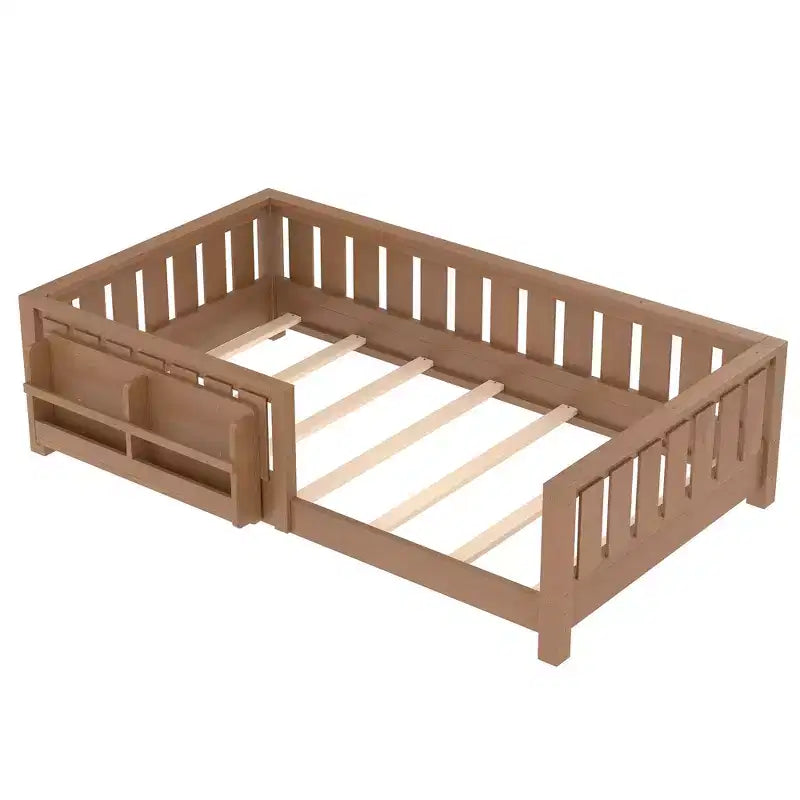 Twin bed with built-in bookshelf and high-quality safety guardrail