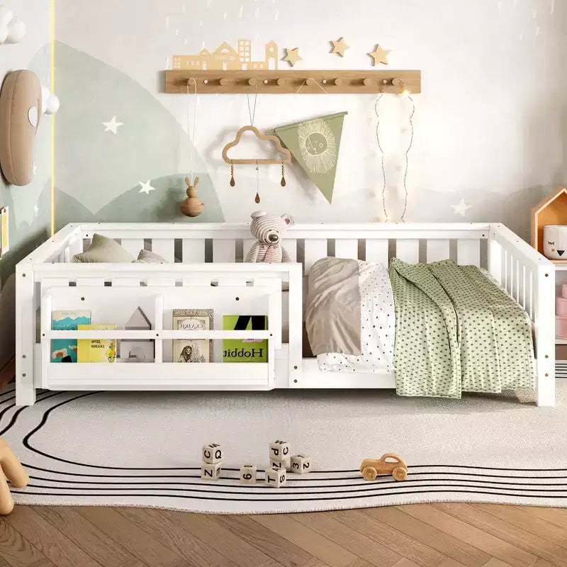 Twin bed with built-in bookshelf and high-quality safety guardrail