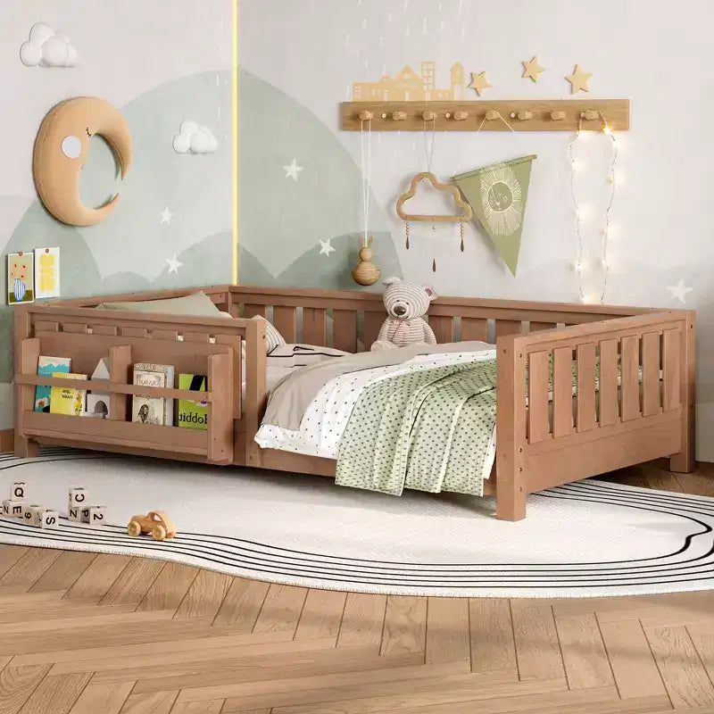 Twin bed with built-in bookshelf and high-quality safety guardrail